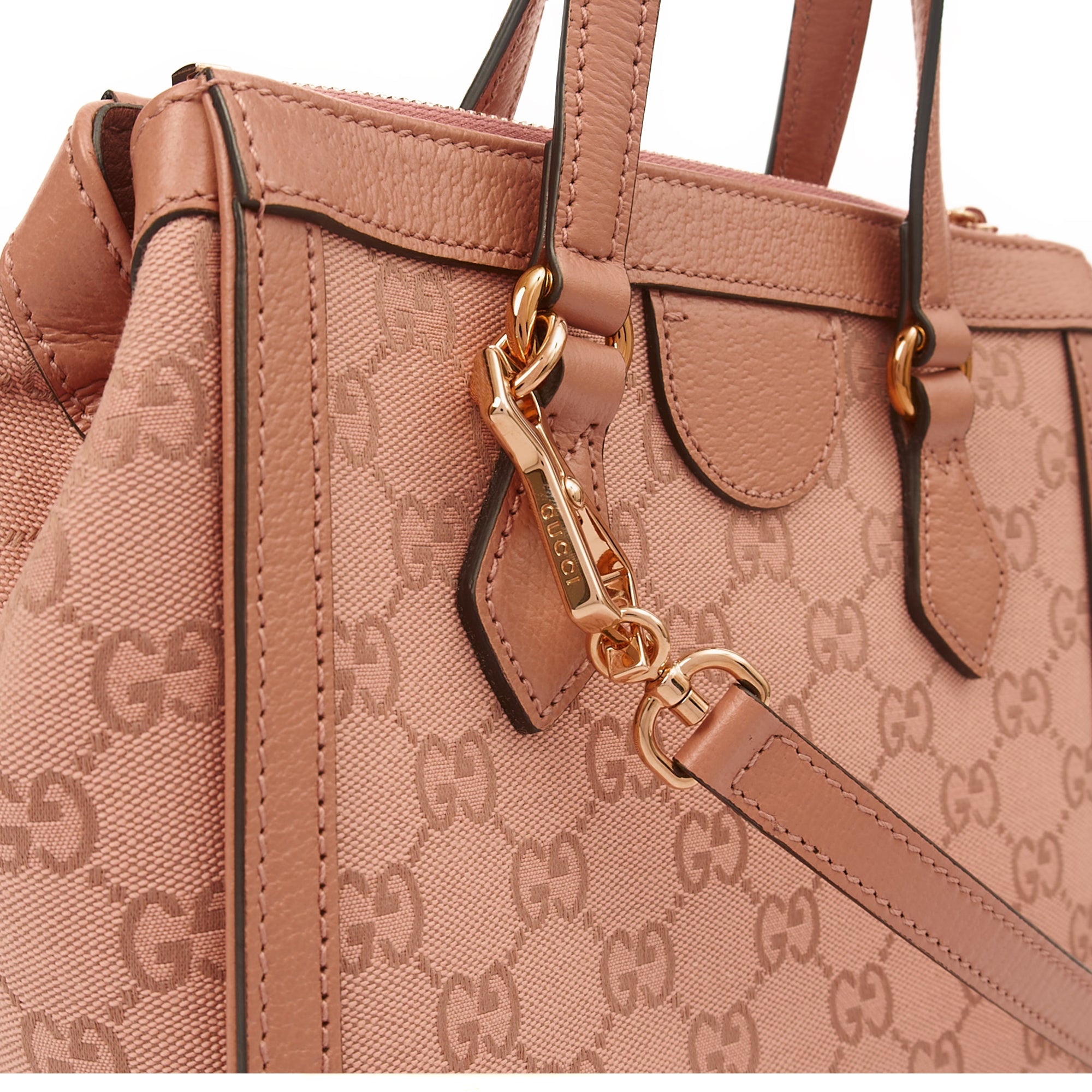 Gucci Tote Ophidia Tote Bag - Small in Dusty Pink, GG Canvas — Detail View