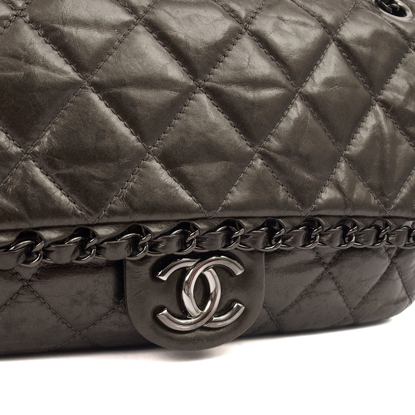 Chanel Shoulder Bag Flap Bag in Metallic, Calfskin Leather — Back View