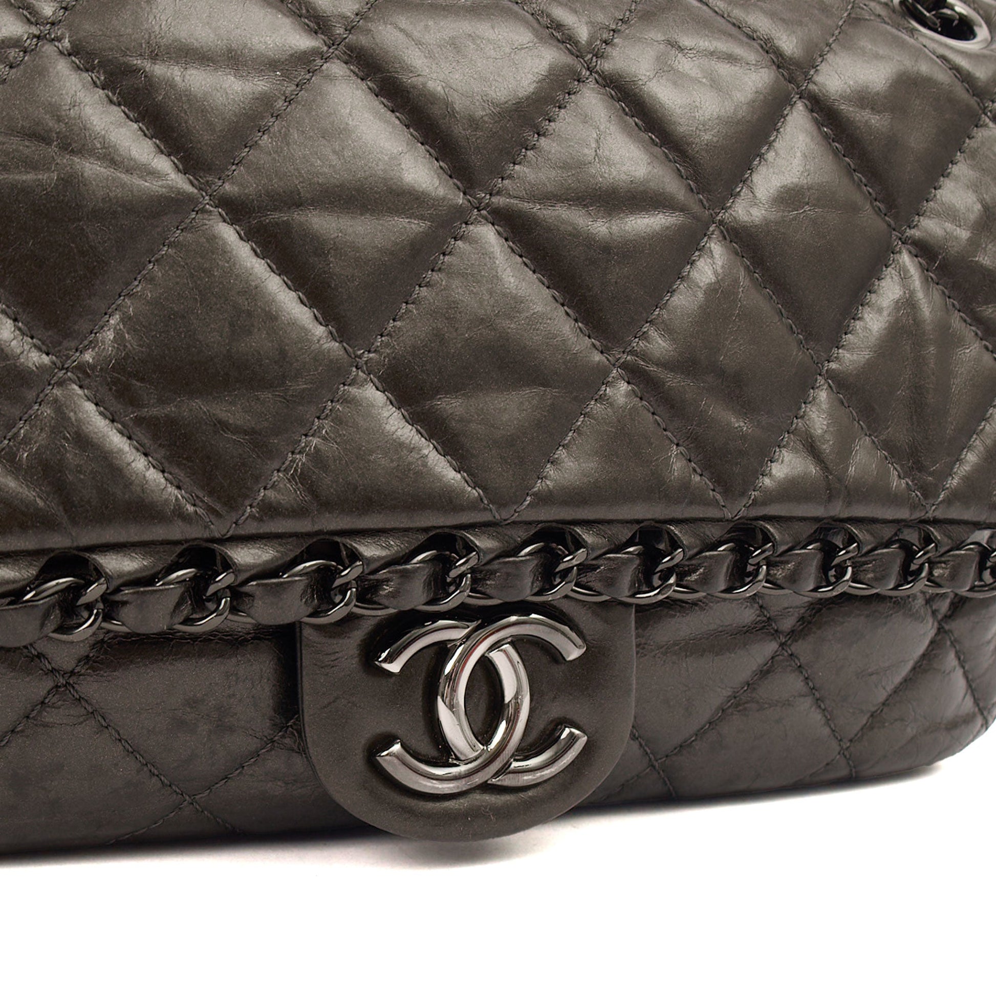 Chanel Shoulder Bag Flap Bag in Metallic, Calfskin Leather — Back View