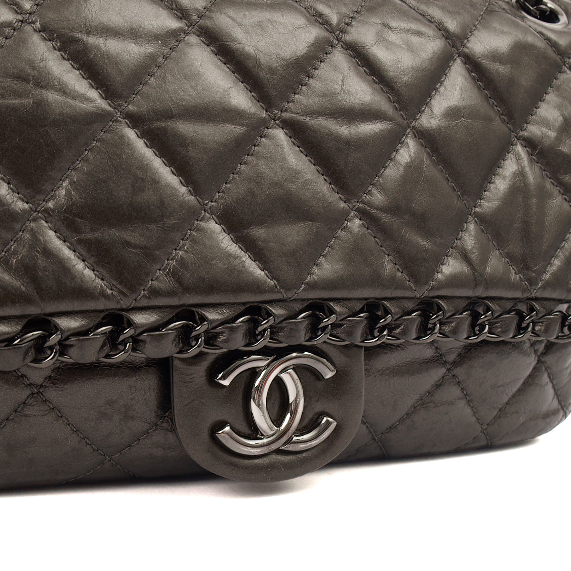 Chanel Shoulder Bag Flap Bag in Metallic, Calfskin Leather — Back View