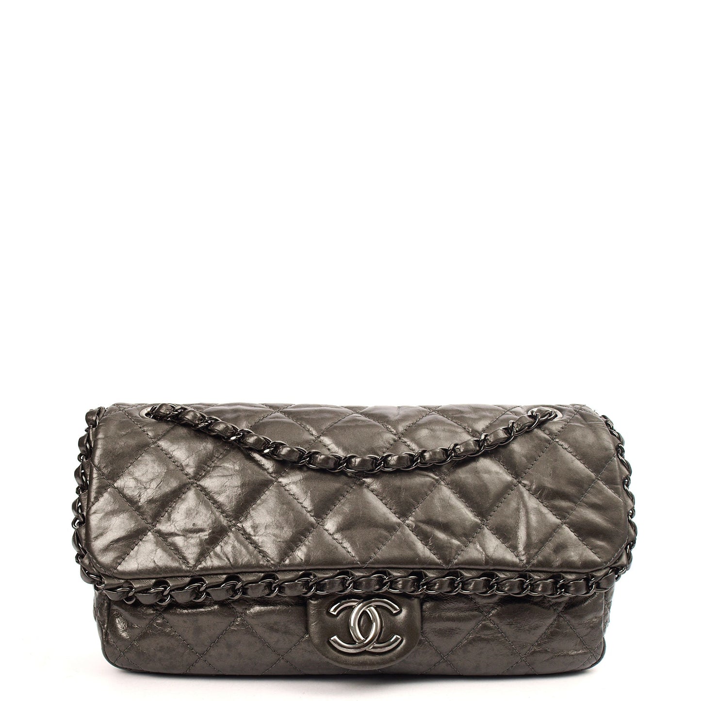 Chanel Shoulder Bag Flap Bag in Metallic, Calfskin Leather — Lifestyle View