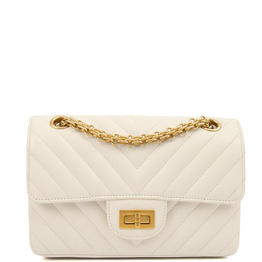 Chanel Cross Body Chevron Flap Bag  in White, Calfskin Leather — Front View