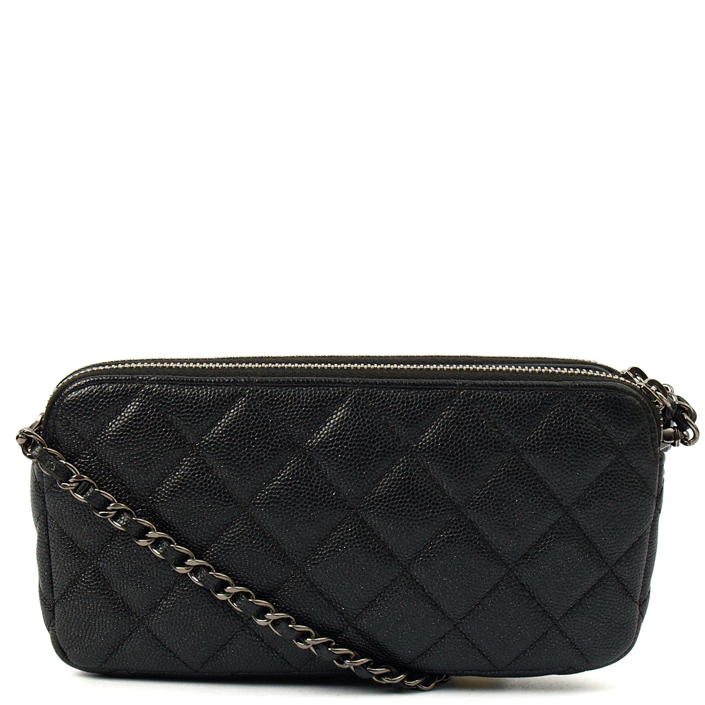 Chanel Cross Body Double Zip Crossbody in Black, Caviar Leather — Front View