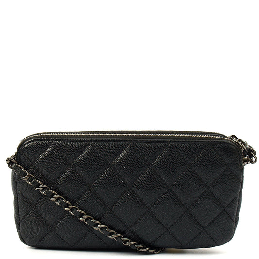 Chanel Cross Body Double Zip Crossbody in Black, Caviar Leather — Front View