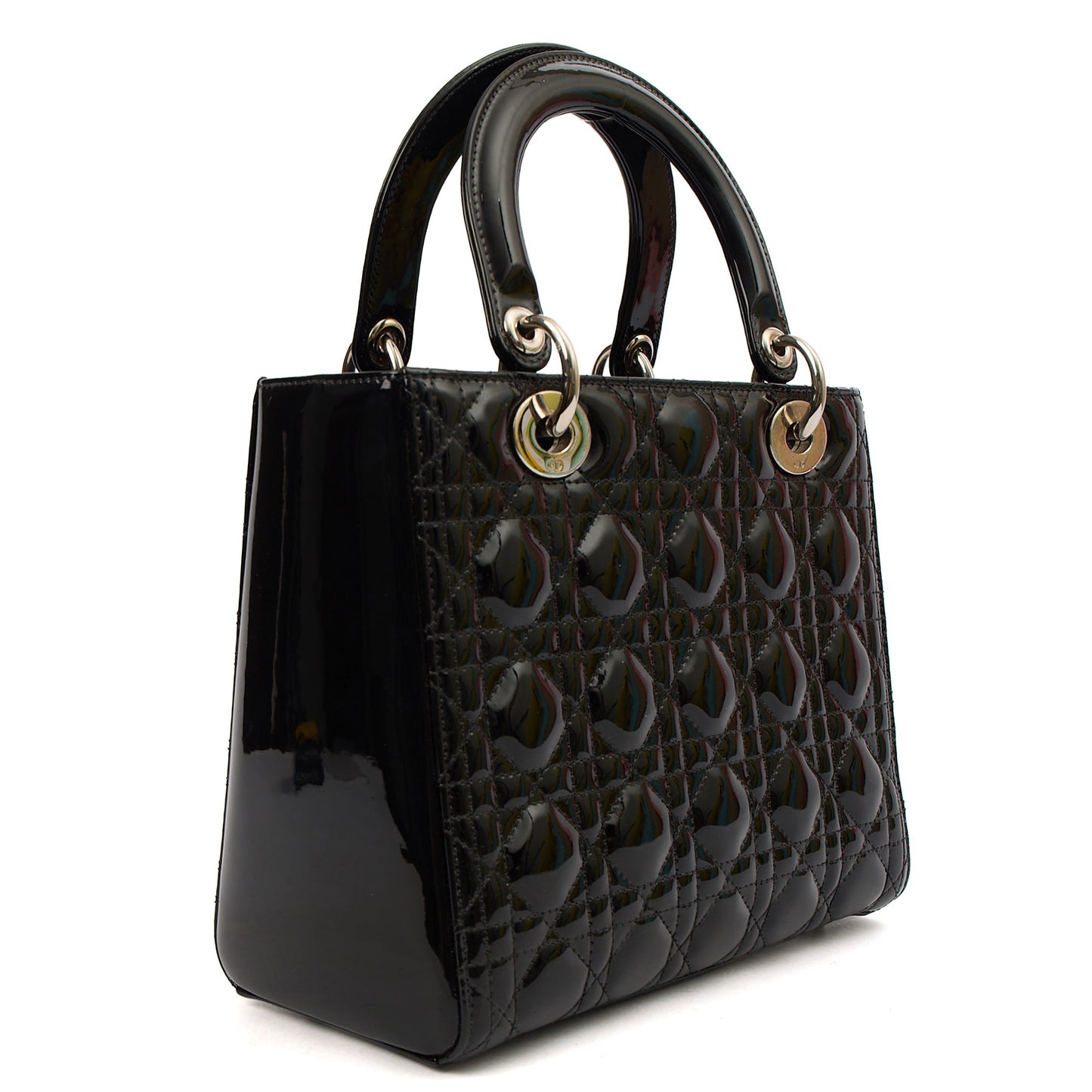 Christian Dior Top Handle Lady Dior - Medium in Black, Patent Leather — Top View