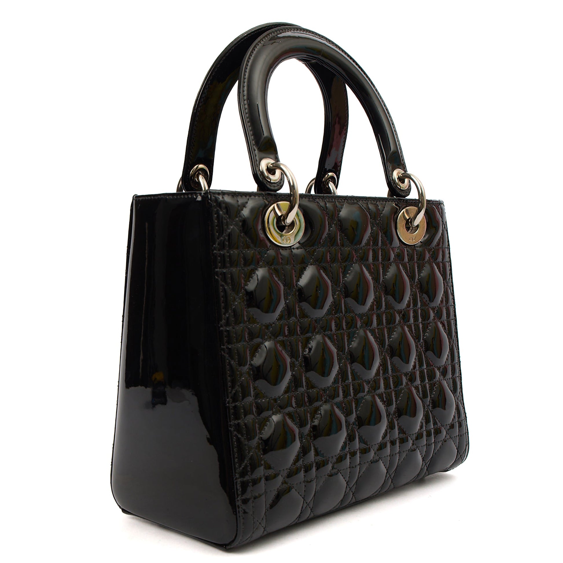 Christian Dior Top Handle Lady Dior - Medium in Black, Patent Leather — Top View