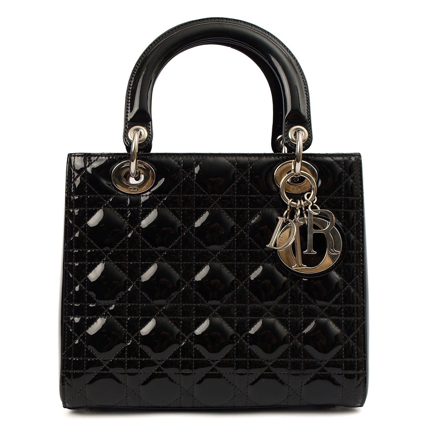 Christian Dior Top Handle Lady Dior - Medium in Black, Patent Leather — Front View