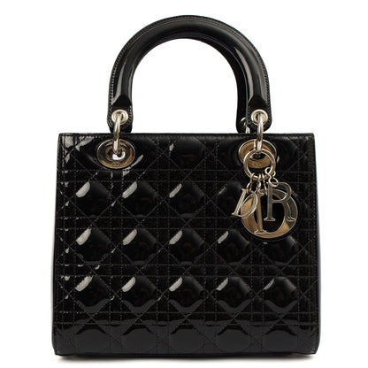 Christian Dior Top Handle Lady Dior - Medium in Black, Patent Leather — Front View