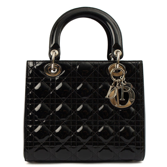 Christian Dior Top Handle Lady Dior - Medium in Black, Patent Leather — Front View