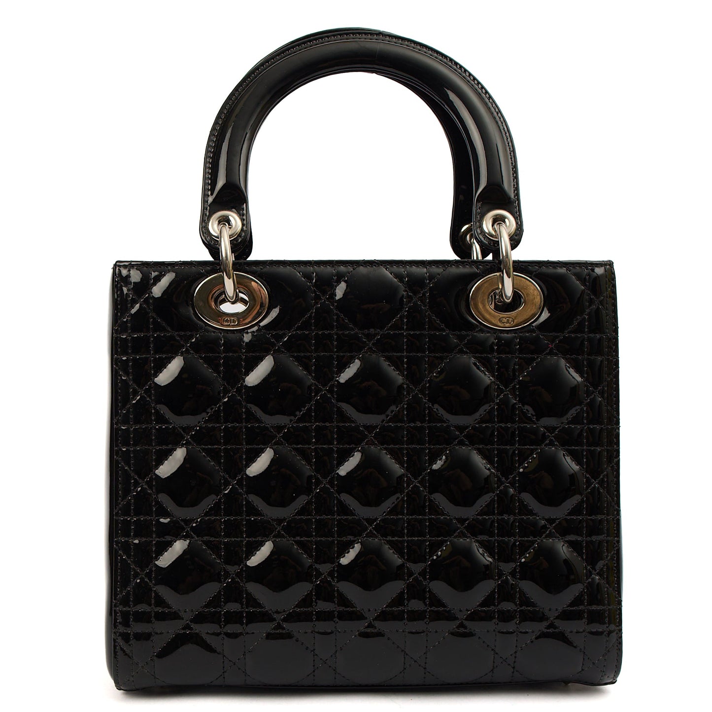 Christian Dior Top Handle Lady Dior - Medium in Black, Patent Leather — Detail View