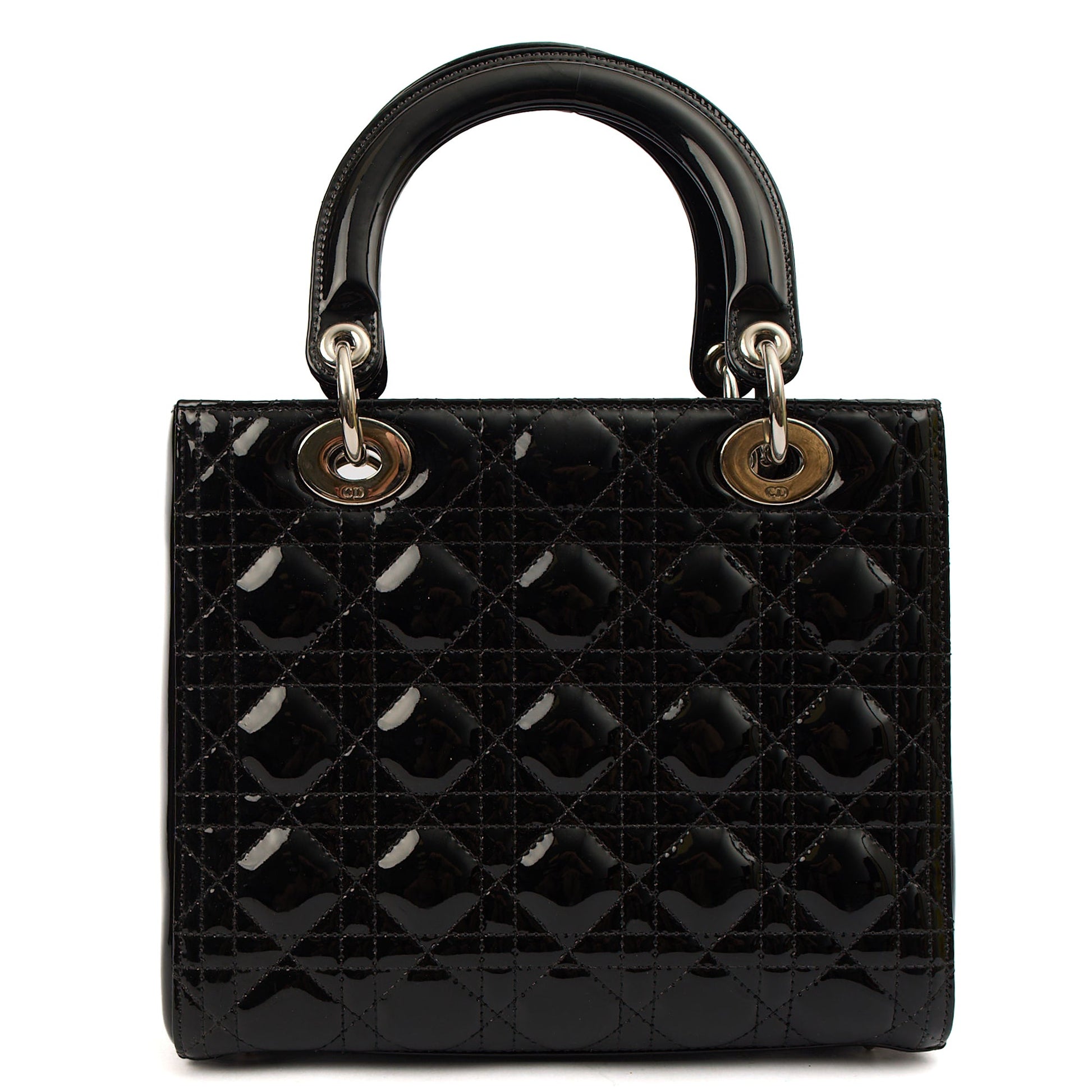 Christian Dior Top Handle Lady Dior - Medium in Black, Patent Leather — Detail View