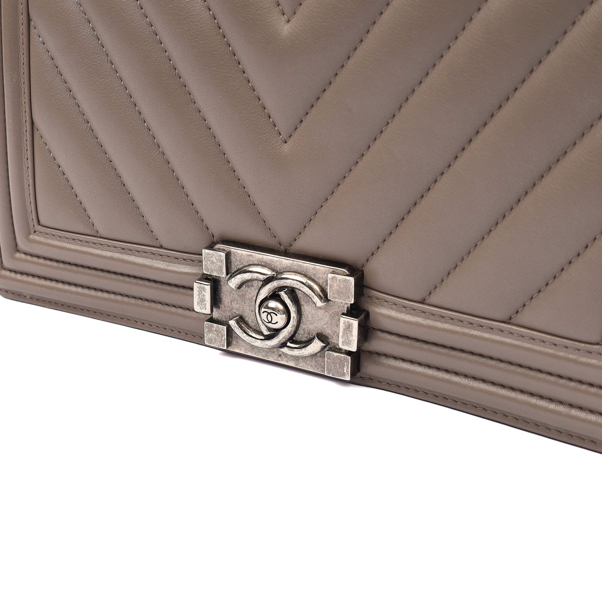 Chanel Shoulder Bag Boy - Medium in Grey, Calfskin Leather — Lifestyle View
