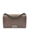 Chanel Shoulder Bag Boy - Medium in Grey, Calfskin Leather — Front View
