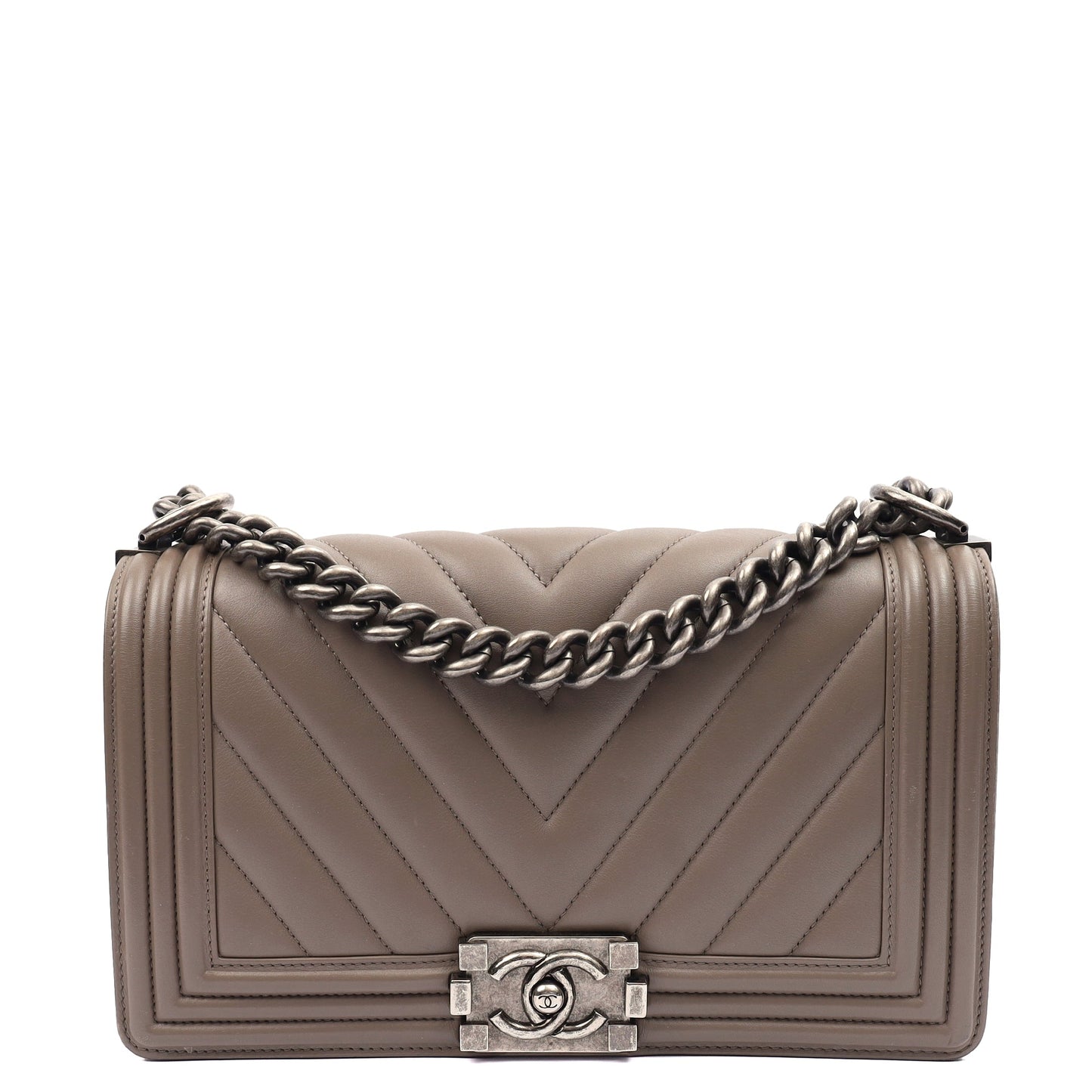Chanel Shoulder Bag Boy - Medium in Grey, Calfskin Leather — Front View