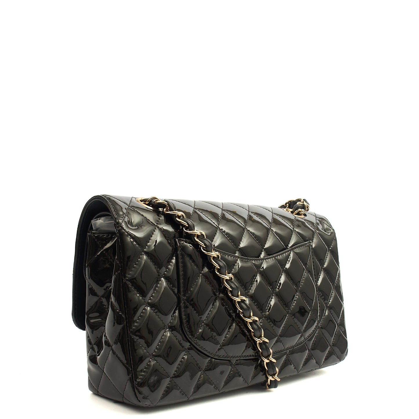 Chanel Shoulder Bag Classic Double Flap - Medium in Black, Patent Leather — Back View