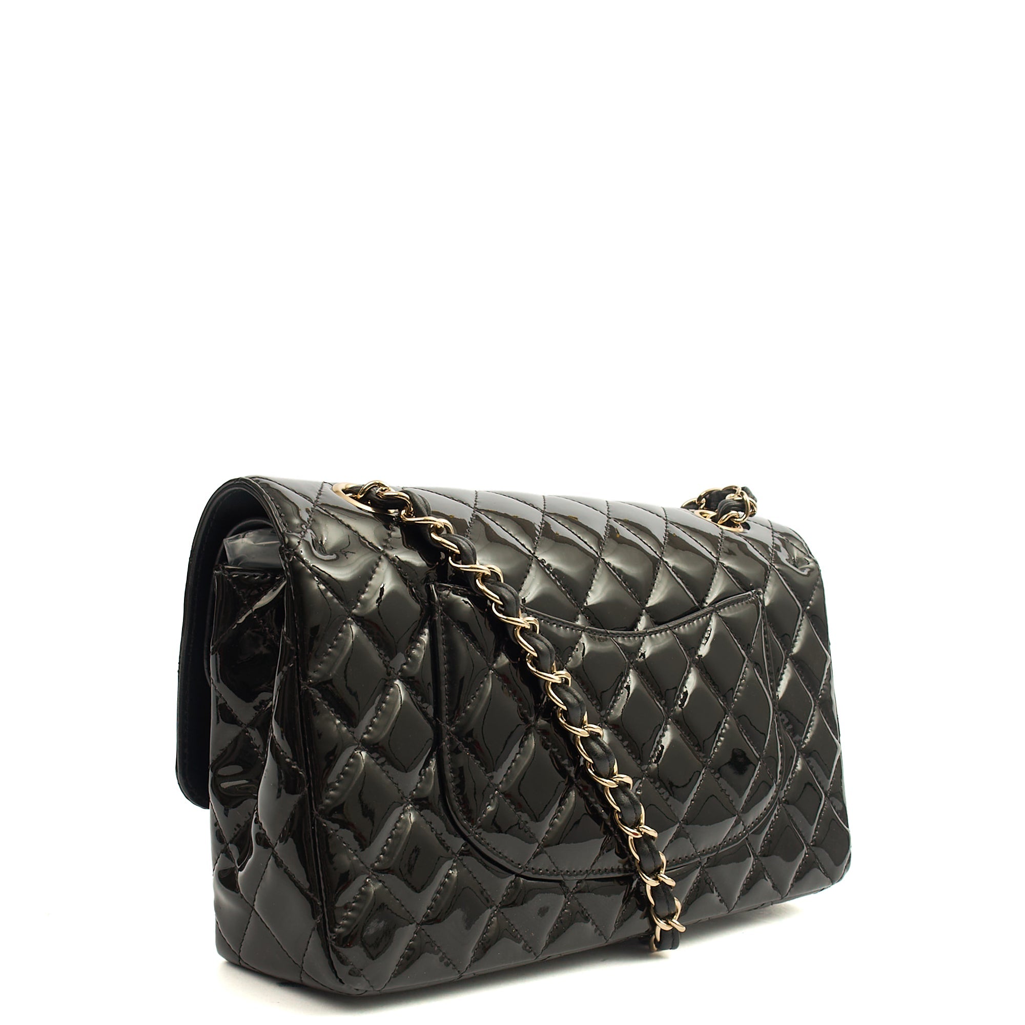 Chanel Shoulder Bag Classic Double Flap - Medium in Black, Patent Leather — Back View