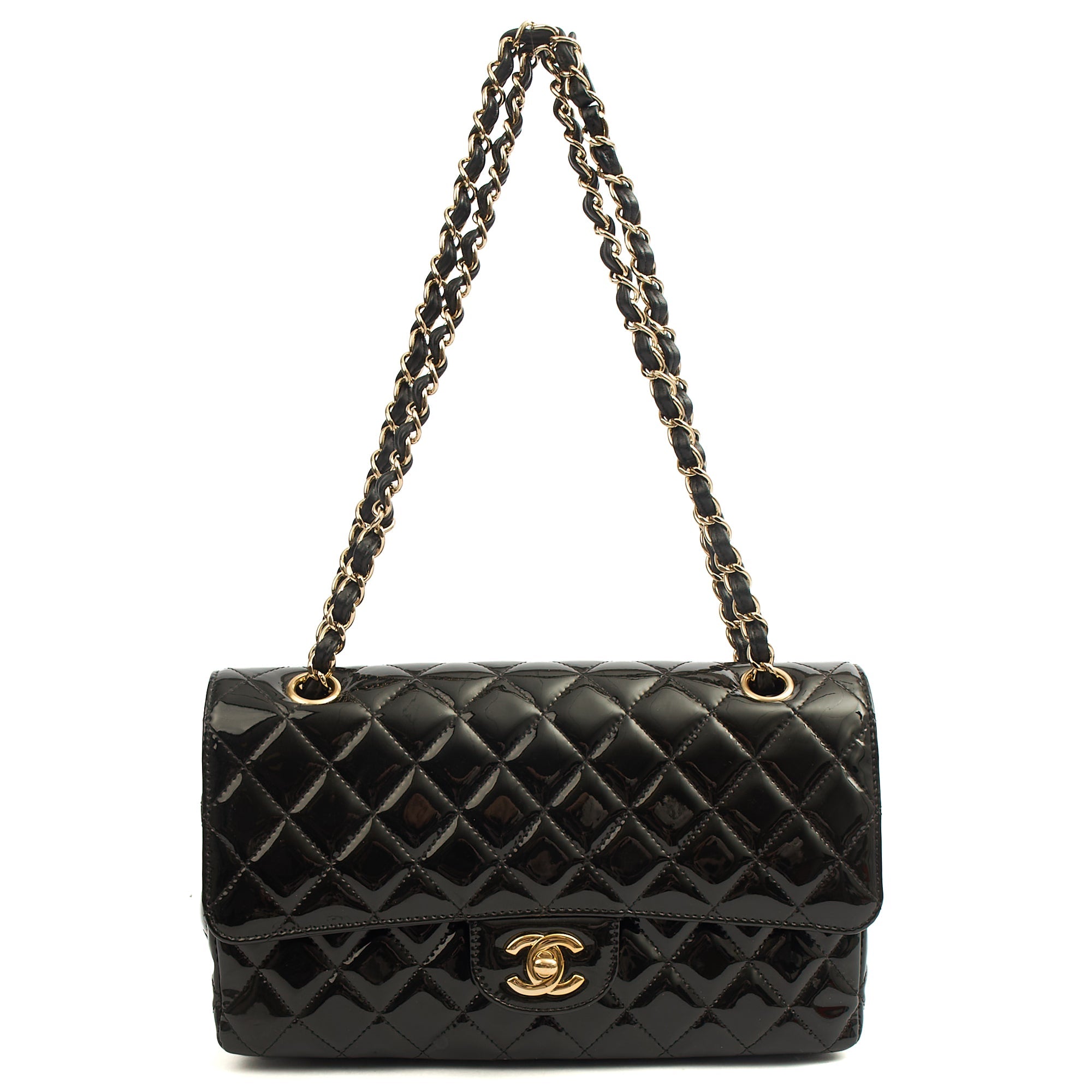 Chanel Shoulder Bag Classic Double Flap - Medium in Black, Patent Leather — Lifestyle View