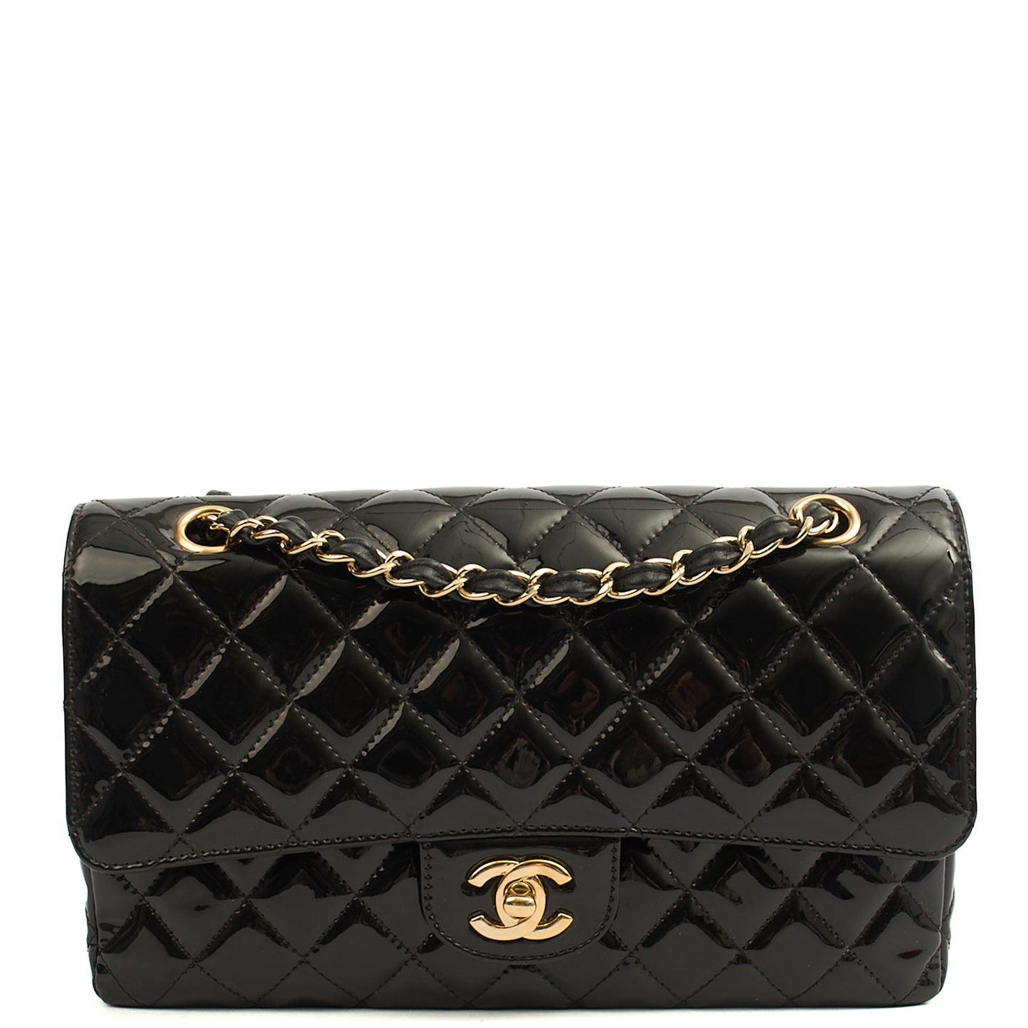 Chanel Shoulder Bag Classic Double Flap - Medium in Black, Patent Leather — Front View
