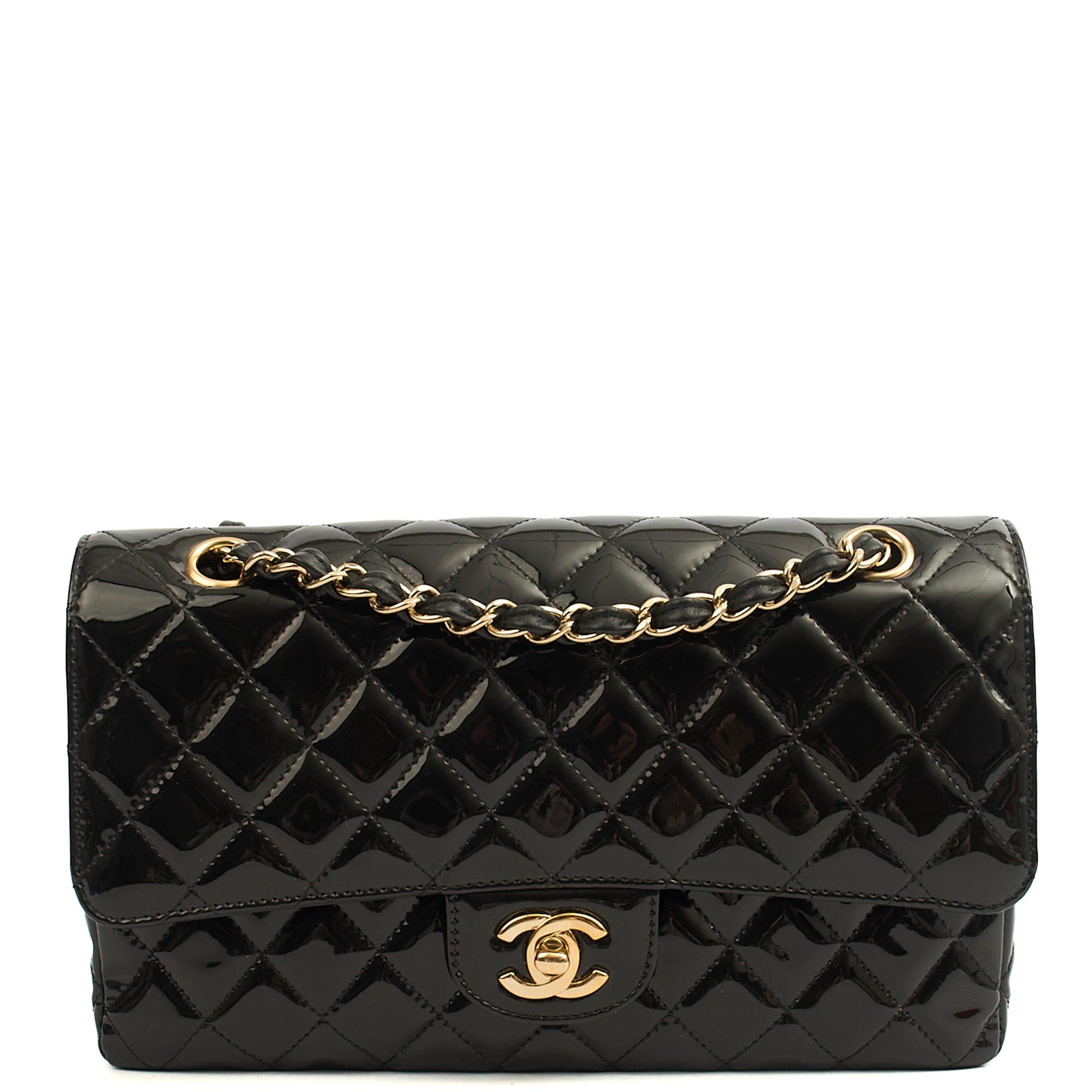 Chanel Shoulder Bag Classic Double Flap - Medium in Black, Patent Leather — Front View