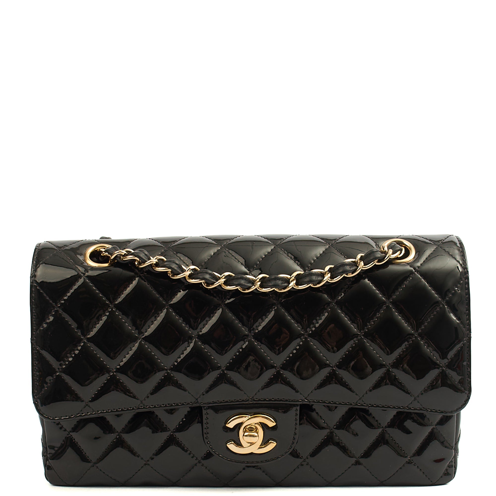 Chanel Shoulder Bag Classic Double Flap - Medium in Black, Patent Leather — Front View