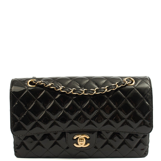 Chanel Shoulder Bag Classic Double Flap - Medium in Black, Patent Leather — Front View