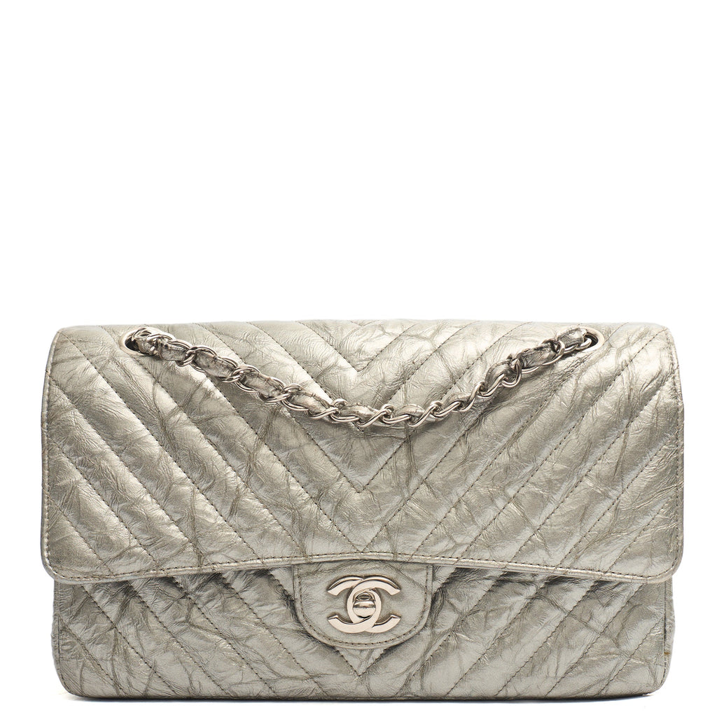 Chanel Shoulder Bag Classic Double Flap - Medium in Metallic, Patent Leather — Front View