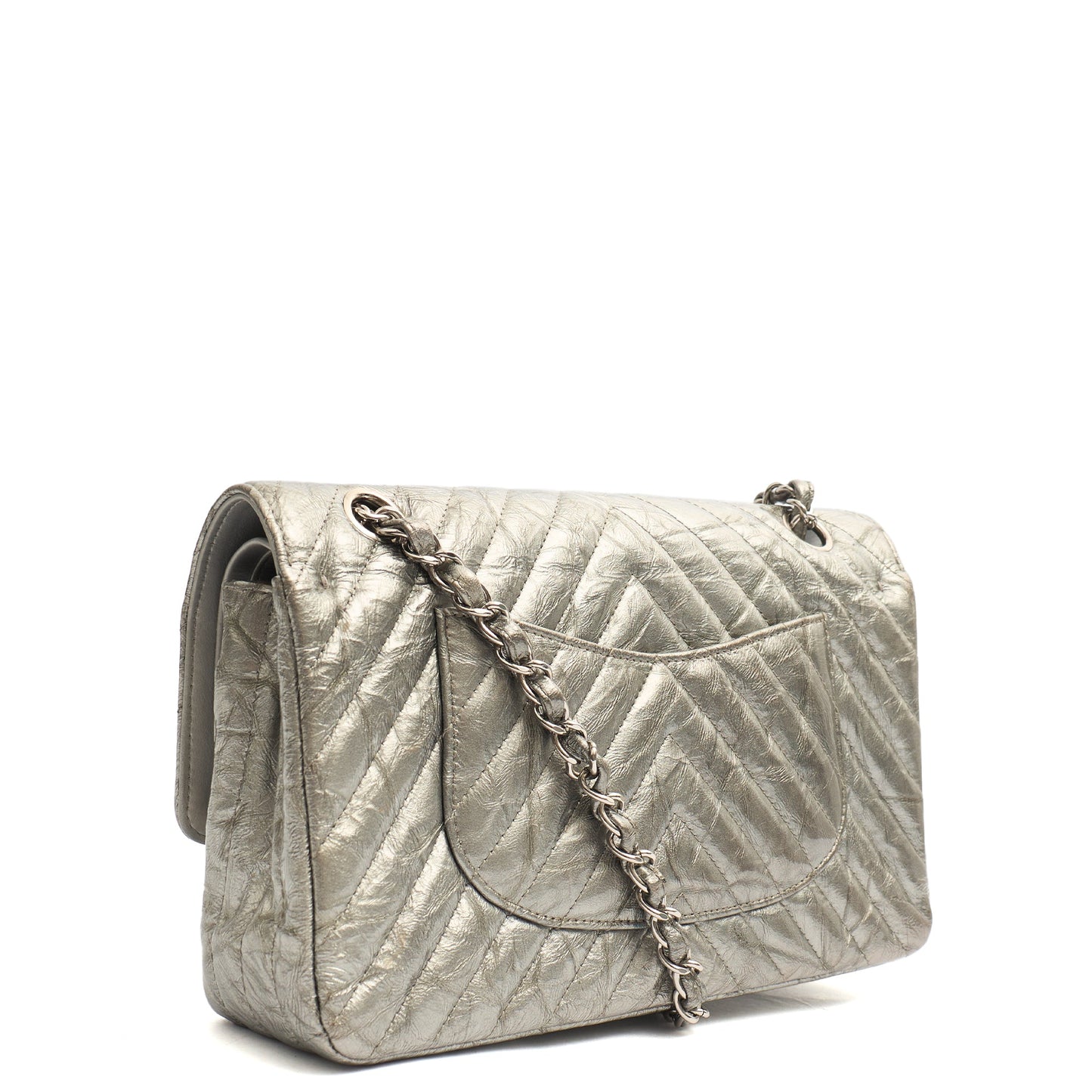Chanel Shoulder Bag Classic Double Flap - Medium in Metallic, Patent Leather — Back View