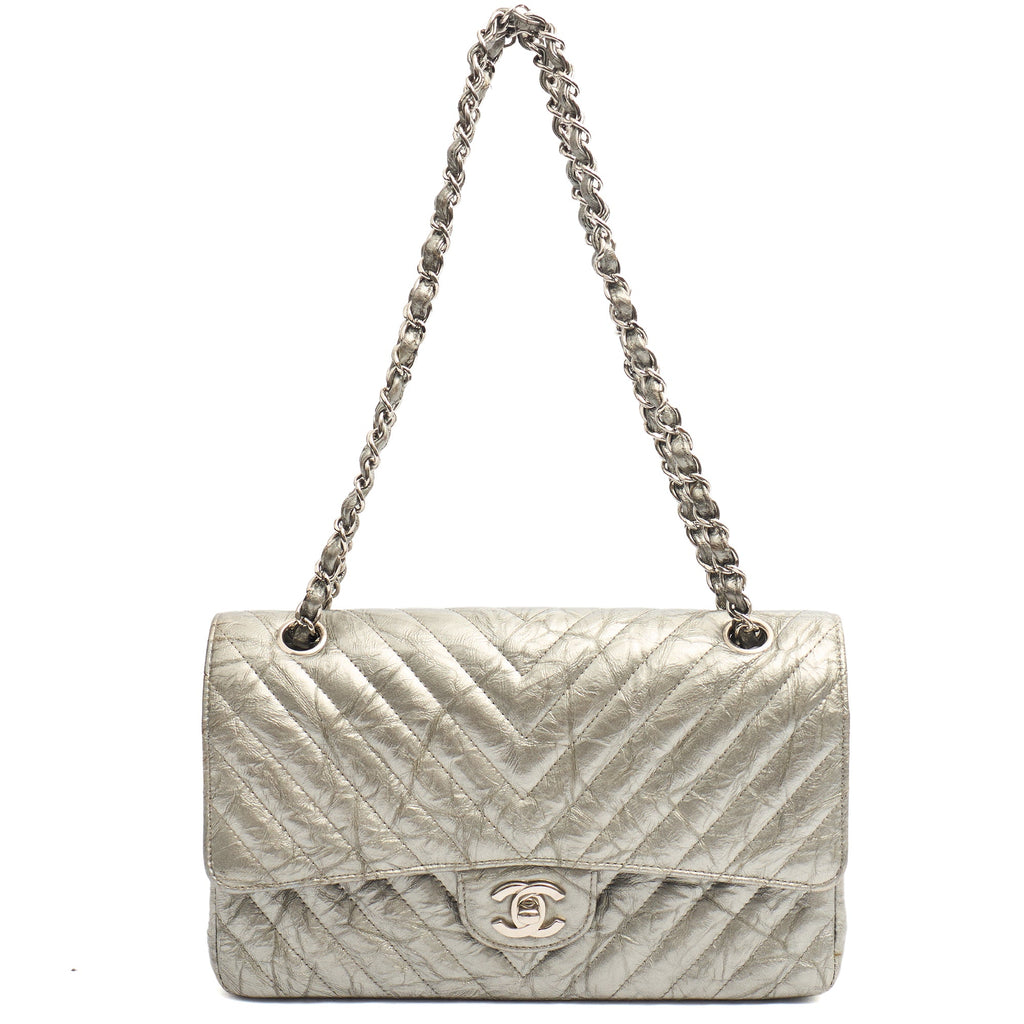 Chanel Shoulder Bag Classic Double Flap - Medium in Metallic, Patent Leather — Lifestyle View