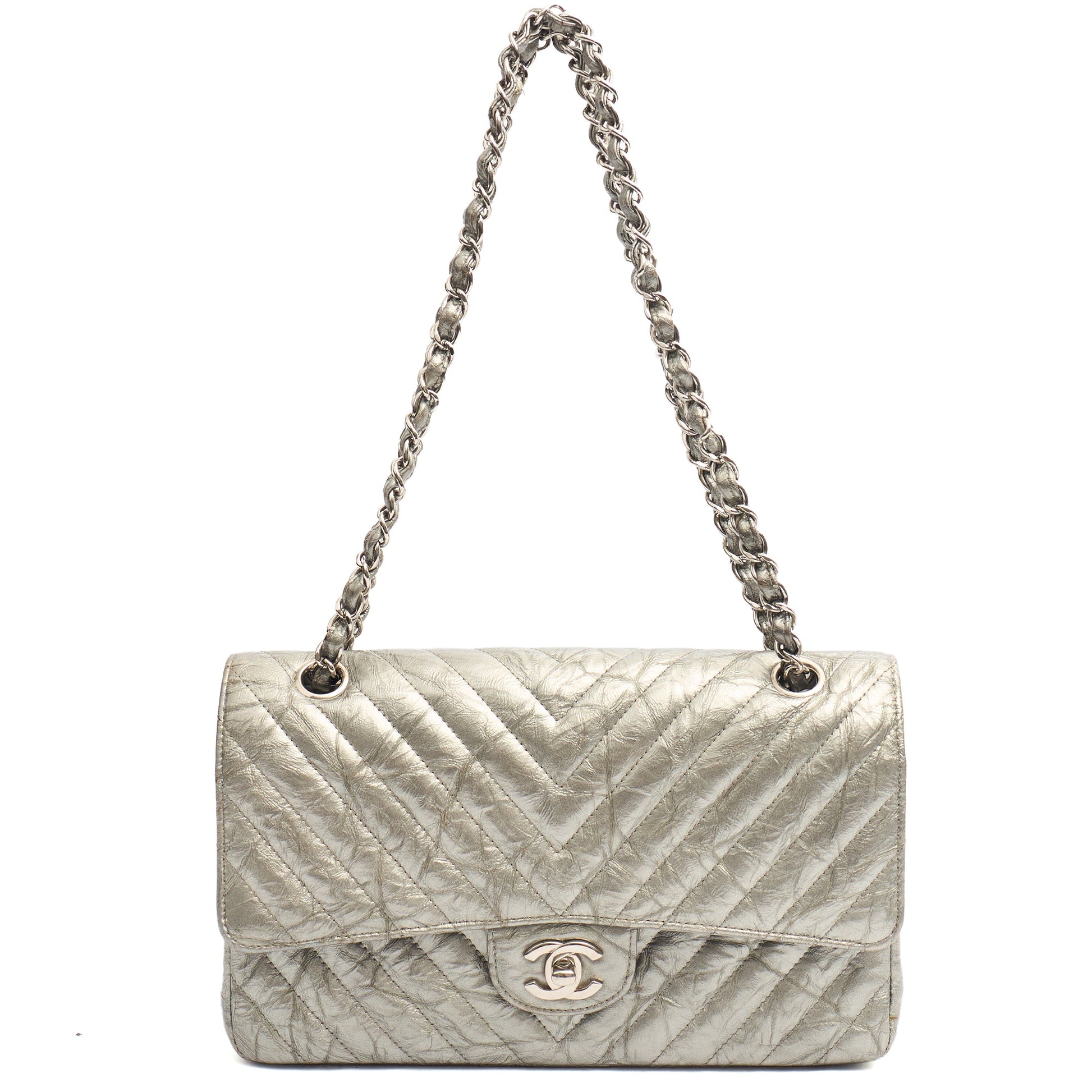 Chanel Shoulder Bag Classic Double Flap - Medium in Metallic, Patent Leather — Lifestyle View