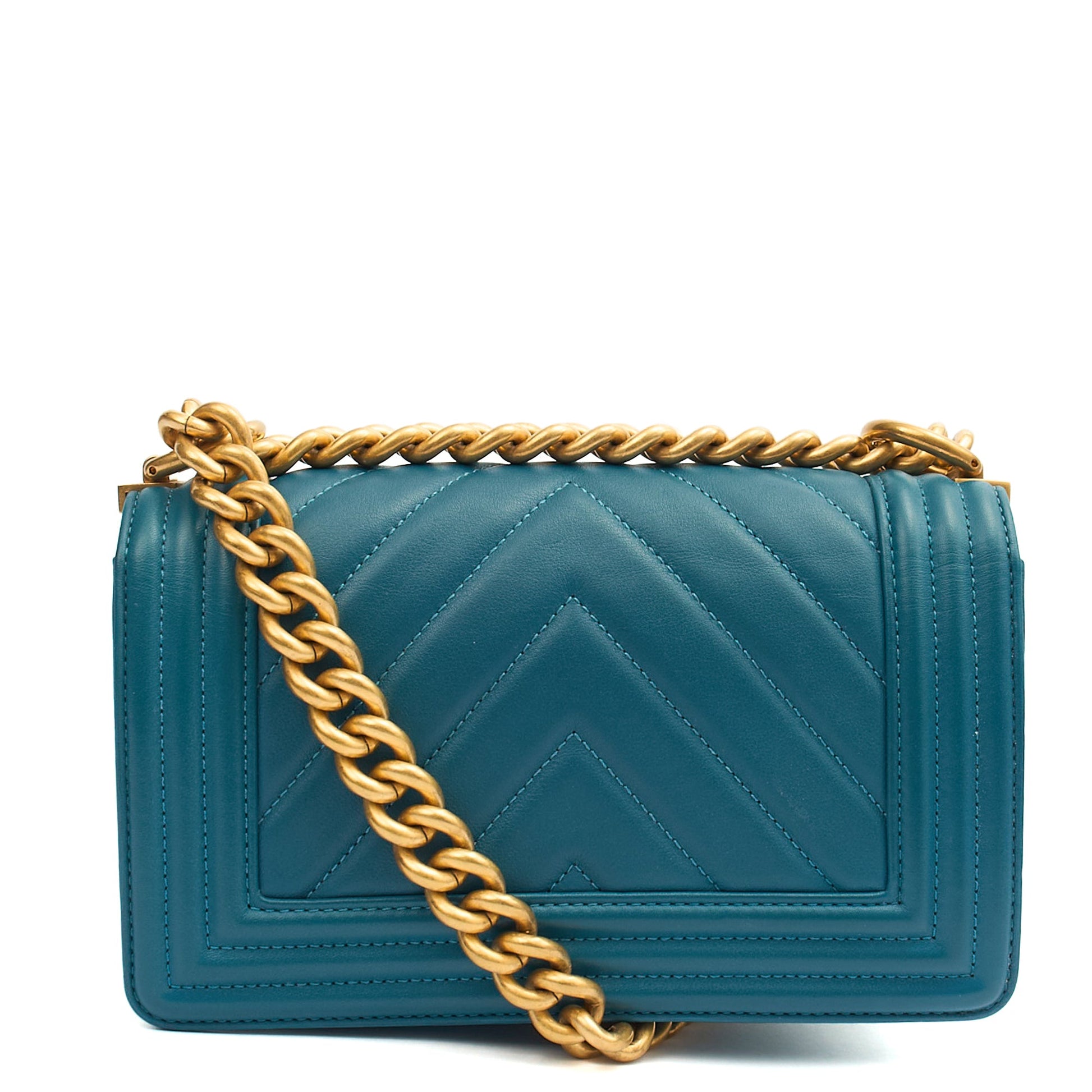 Chanel Shoulder Bag Boy - Small in Blue, Calfskin Leather — Back View