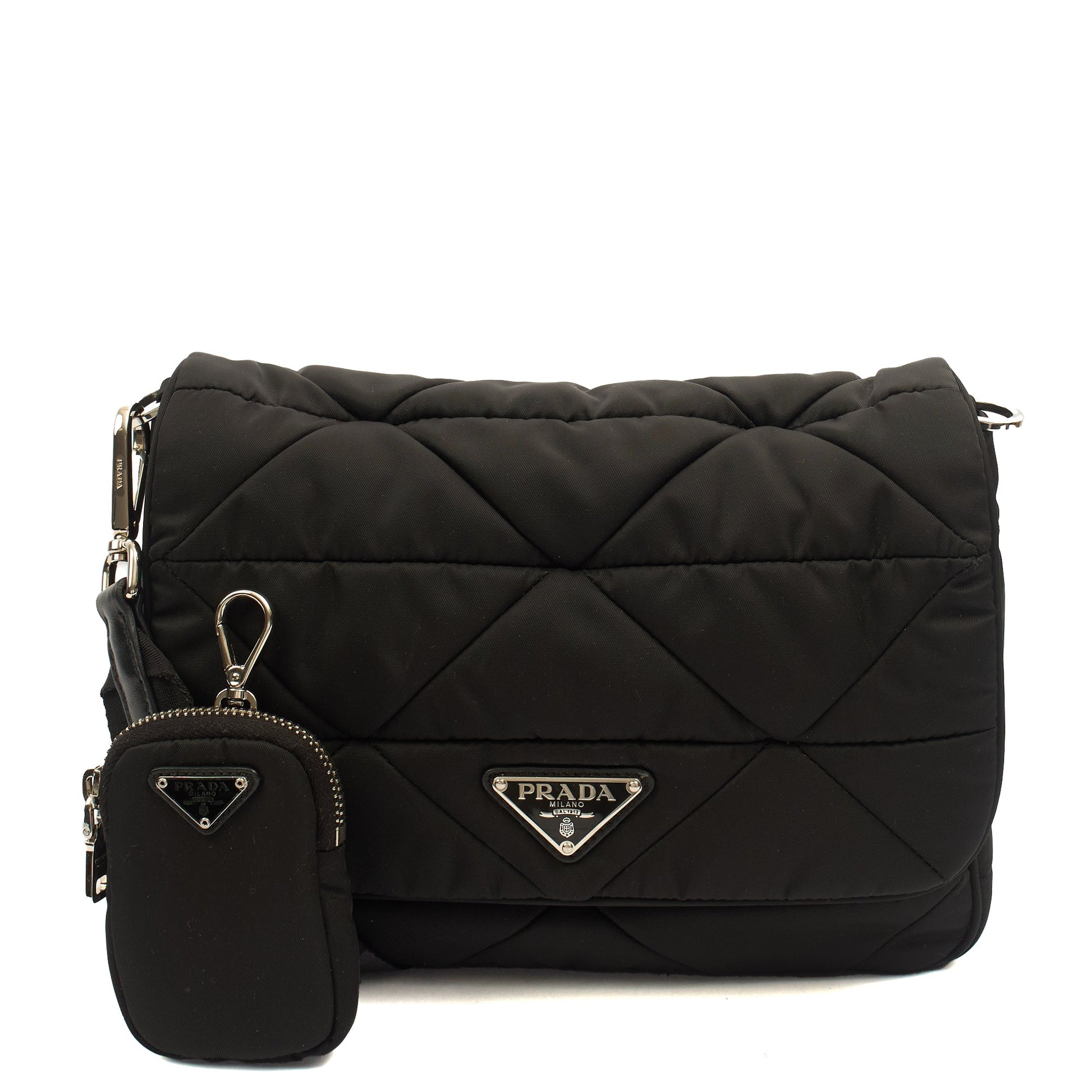 Prada Cross Body Padded Re-Nylon Shoulder Bag in Black, Nylon — Front View