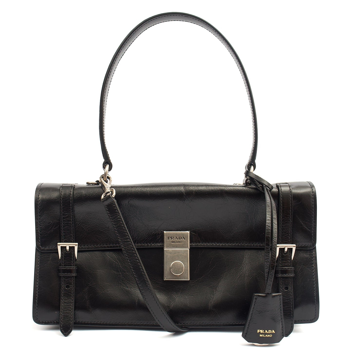 Prada Cross Body Saffiano Soft in Black, Leather — Front View