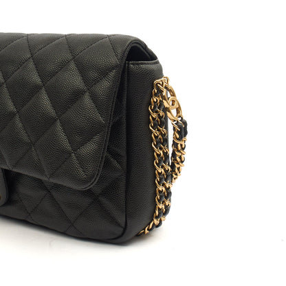 Chanel Cross Body Chain Around Flap in Black, Caviar Leather — Detail View