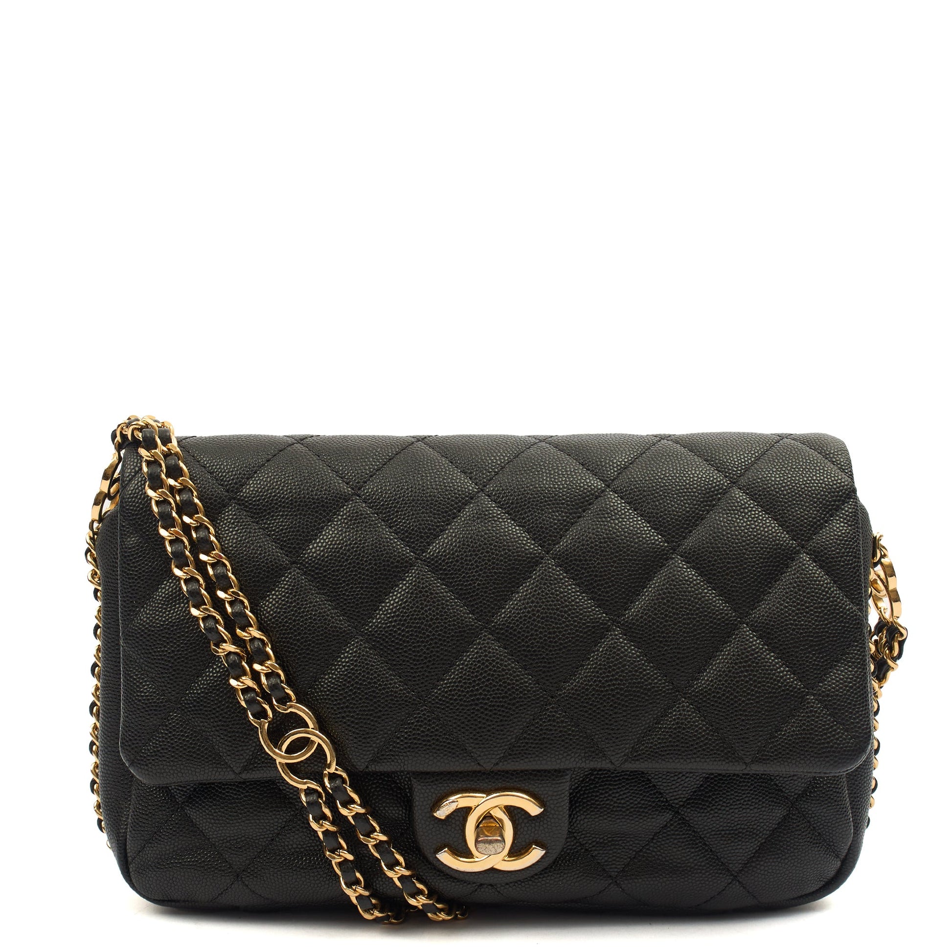 Chanel Cross Body Chain Around Flap in Black, Caviar Leather — Front View