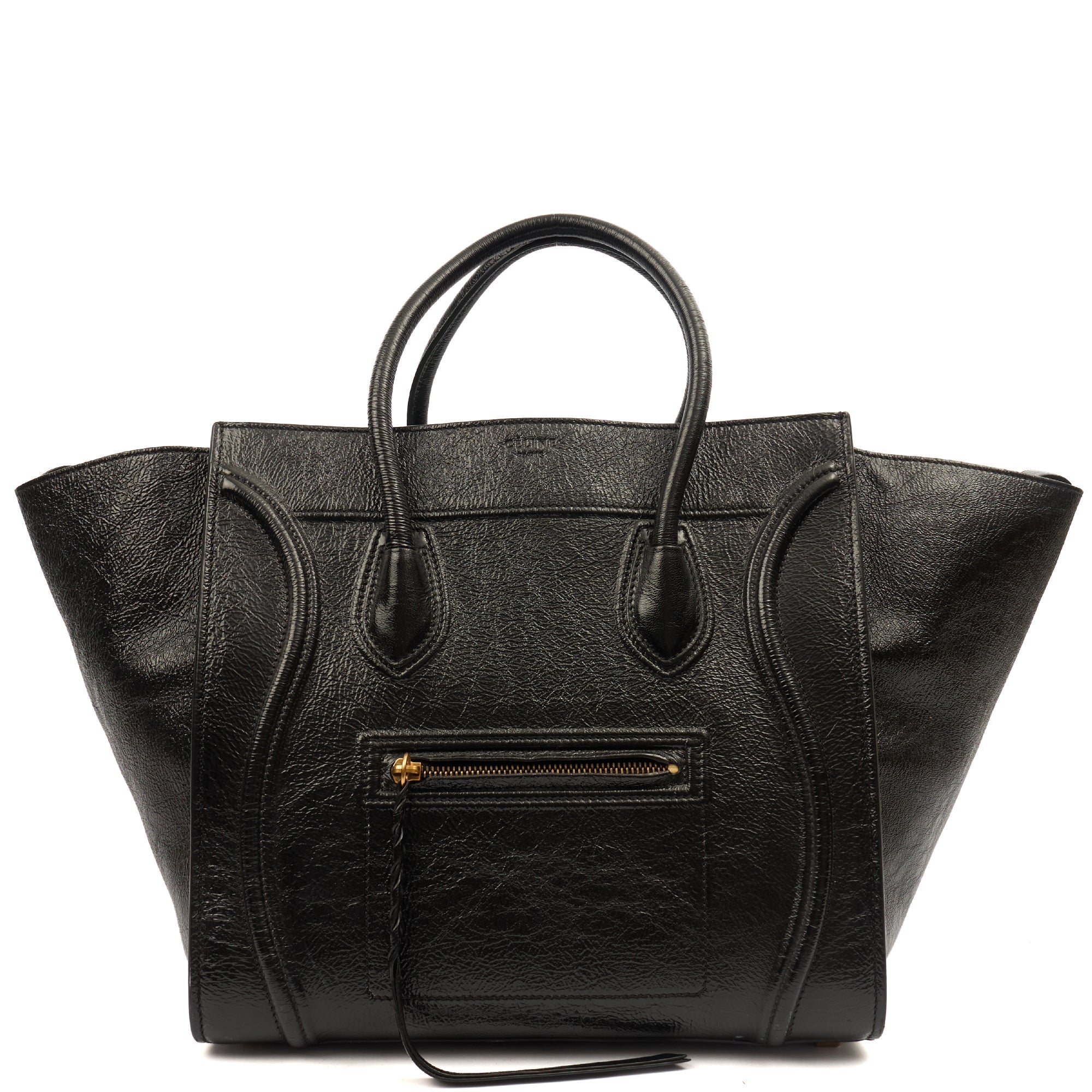Celine Tote Luggage - Medium in Black, Patent Leather — Front View