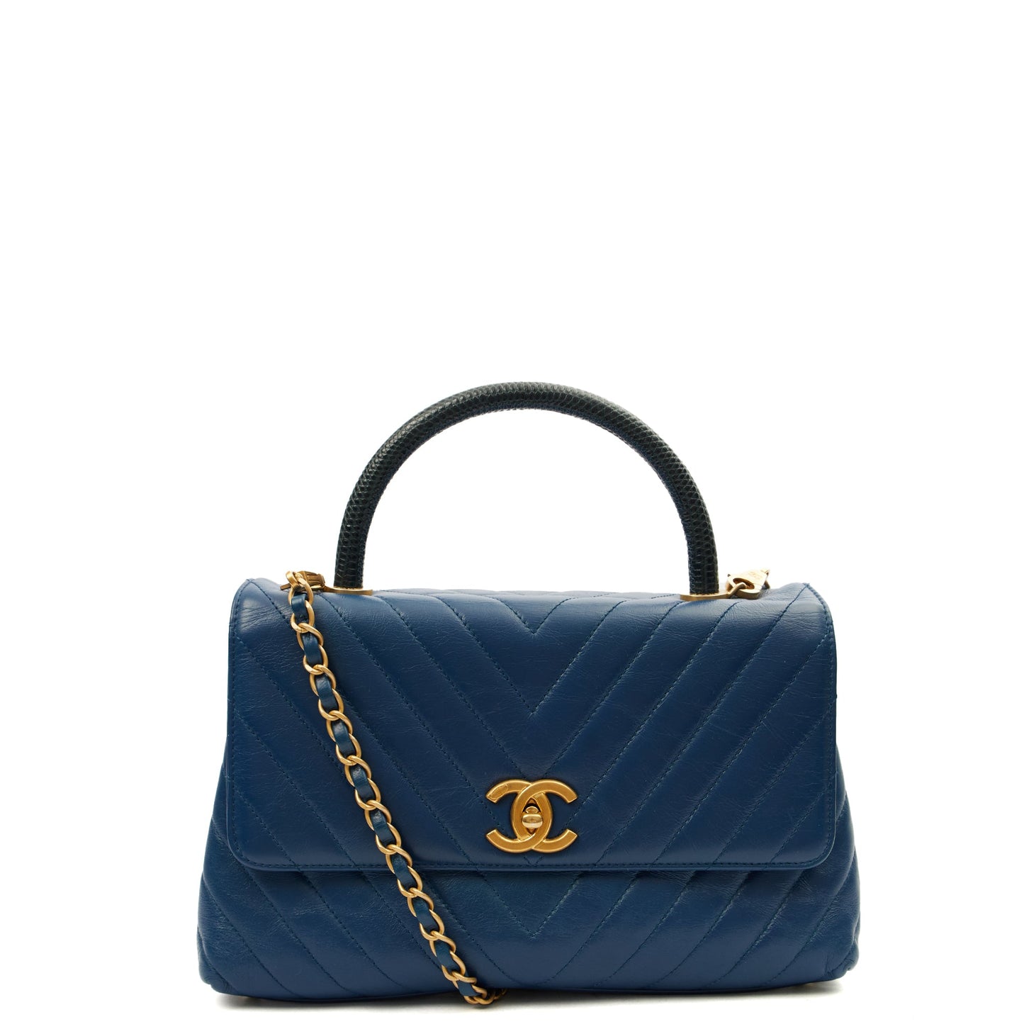Chanel Top Handle Coco Top Handle in Blue, Crinkled Calfskin Leather — Front View