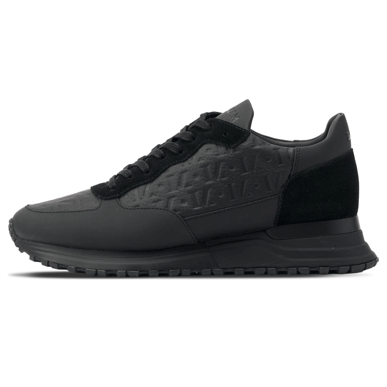 MALLET Popham Men's Black Tumbled Leather Monogram Trainers — UK 05 — Size Black — Front View