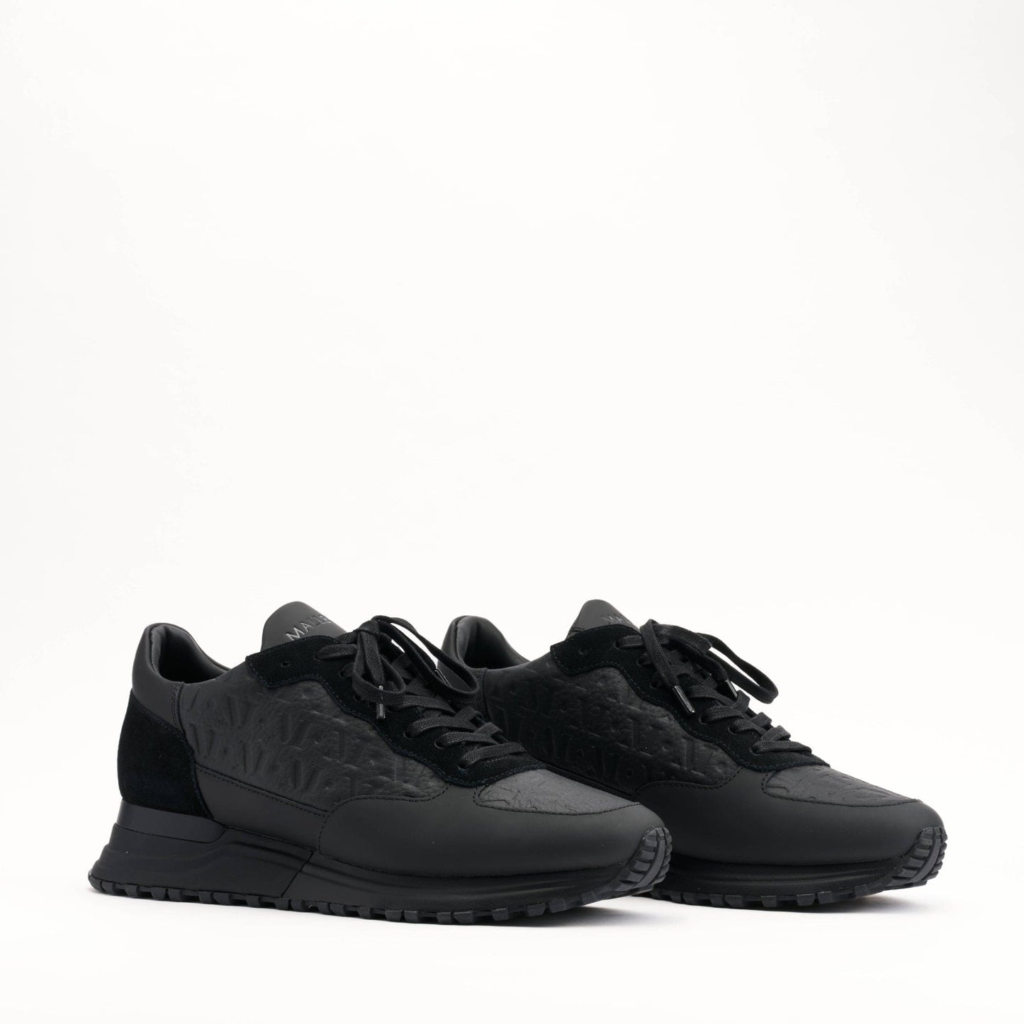 MALLET Popham Men's Black Tumbled Leather Monogram Trainers — UK 05 — Size Black — Side View