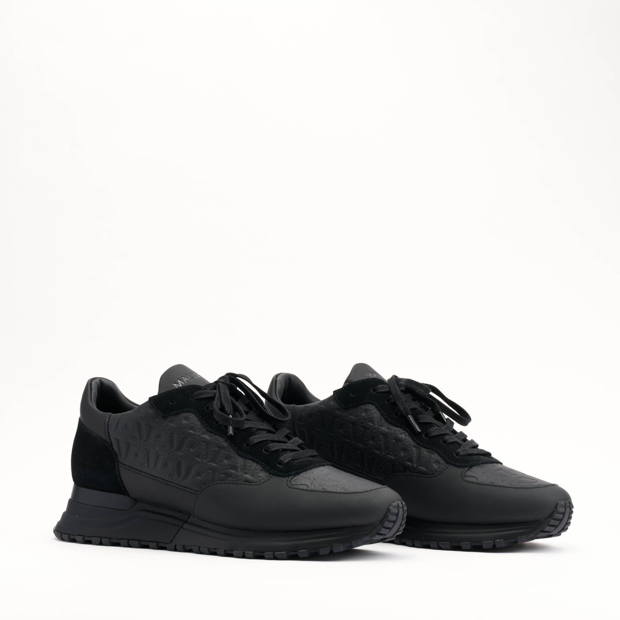 MALLET Popham Men's Black Tumbled Leather Monogram Trainers — UK 05 — Size Black — Side View
