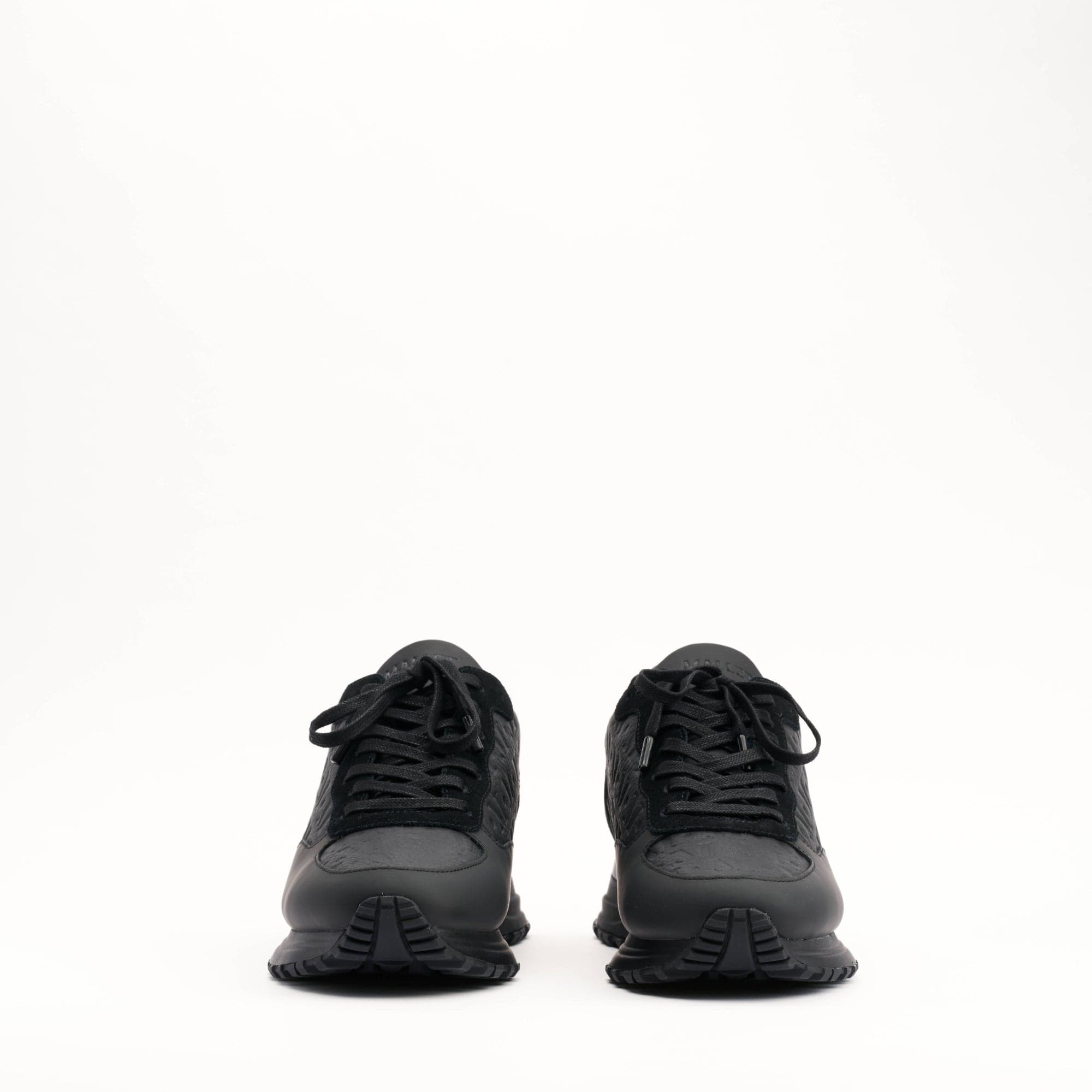 MALLET Popham Men's Black Tumbled Leather Monogram Trainers — UK 05 — Size Black — Back View