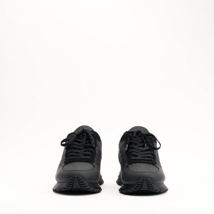 MALLET Popham Men's Black Tumbled Leather Monogram Trainers — UK 05 — Size Black — Back View
