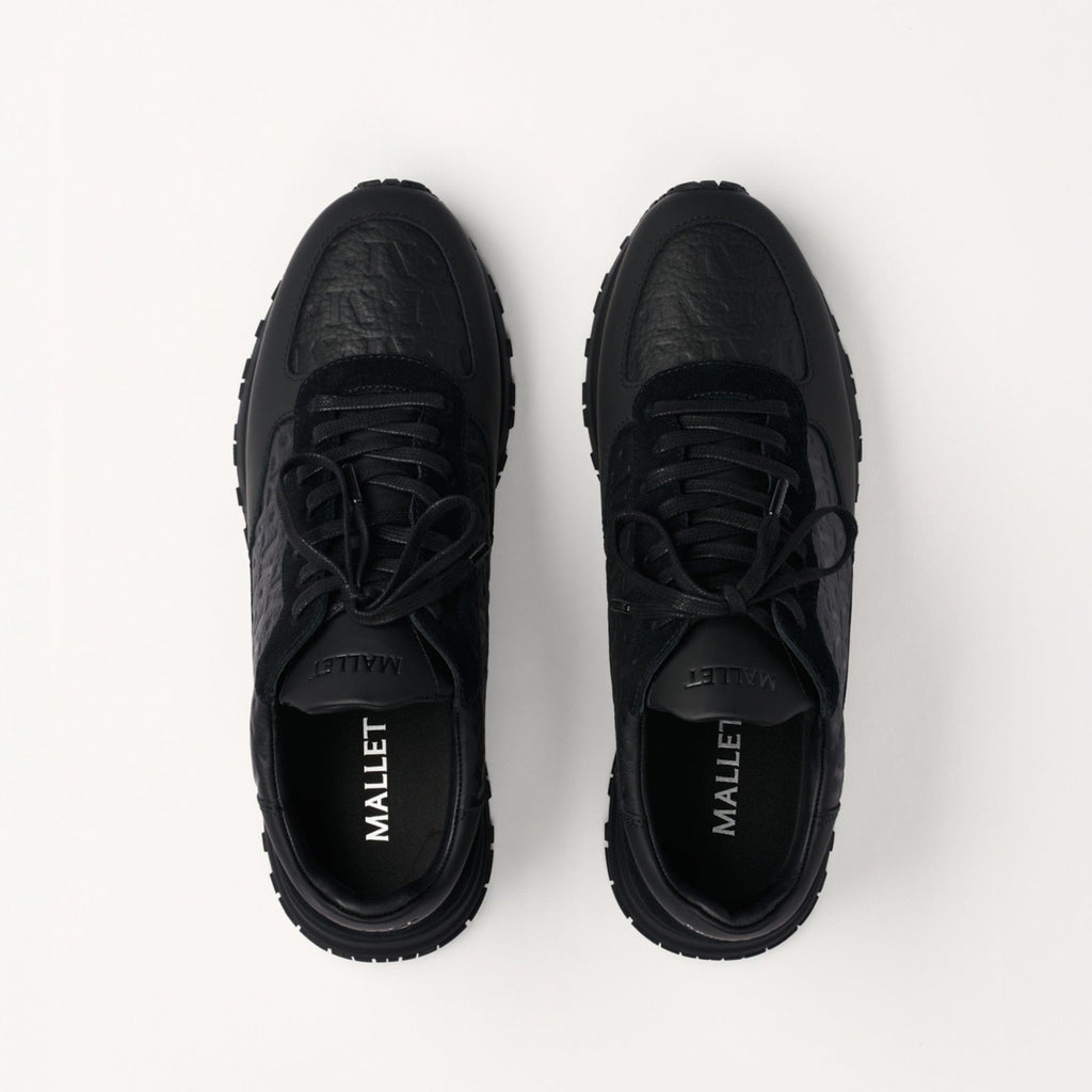 MALLET Popham Men's Black Tumbled Leather Monogram Trainers — UK 05 — Size Black — Detail View