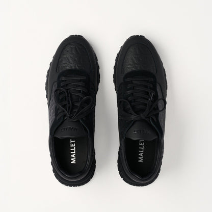 MALLET Popham Men's Black Tumbled Leather Monogram Trainers — UK 05 — Size Black — Detail View