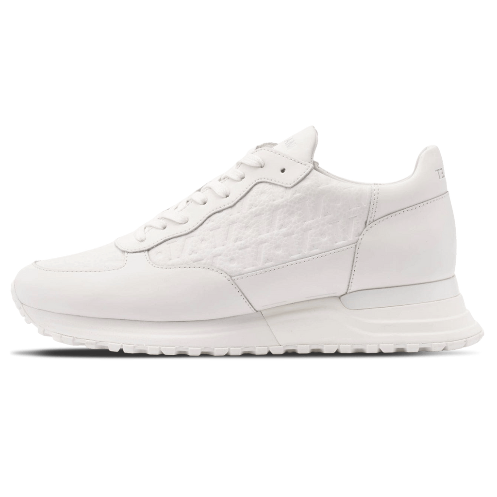 MALLET Popham Men's White Tumbled Leather Monogram Trainers — UK 05 — Size White — Front View