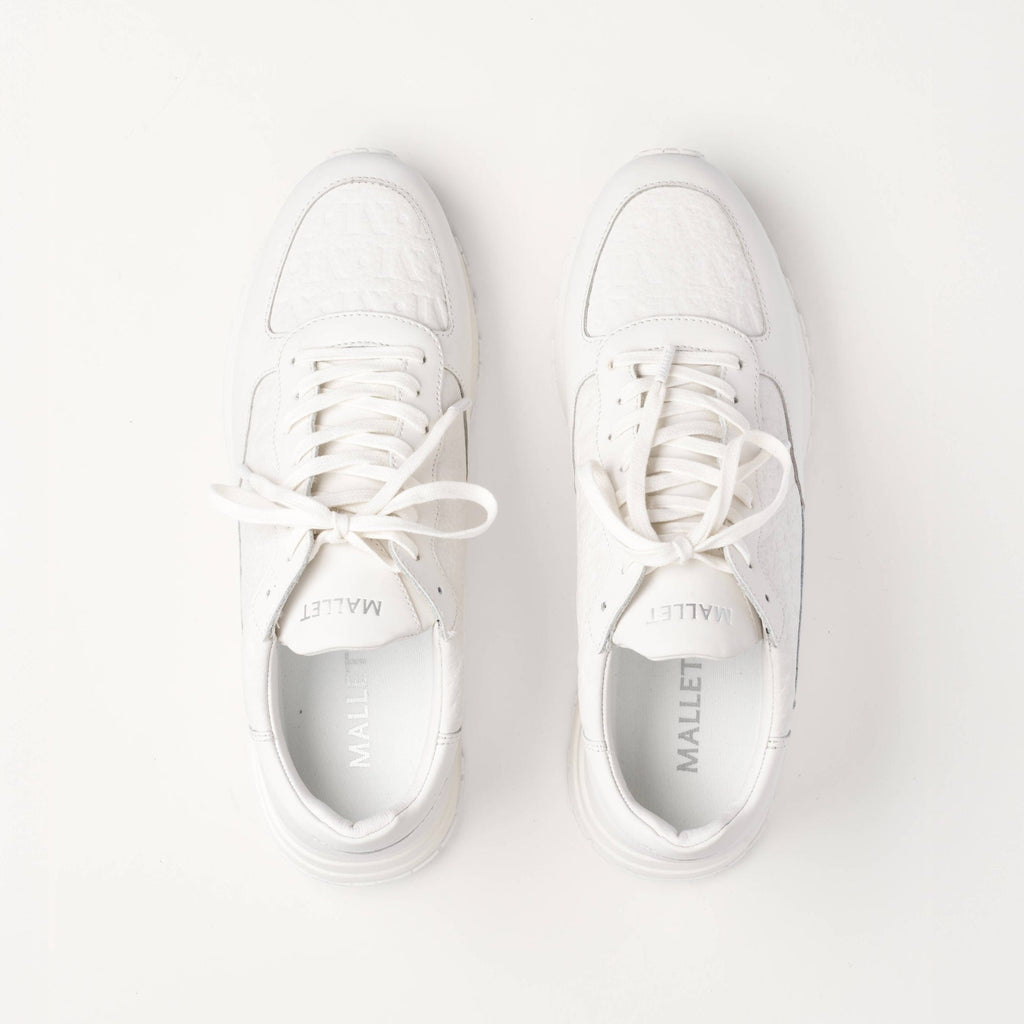 MALLET Popham Men's White Tumbled Leather Monogram Trainers — UK 05 — Size White — Detail View