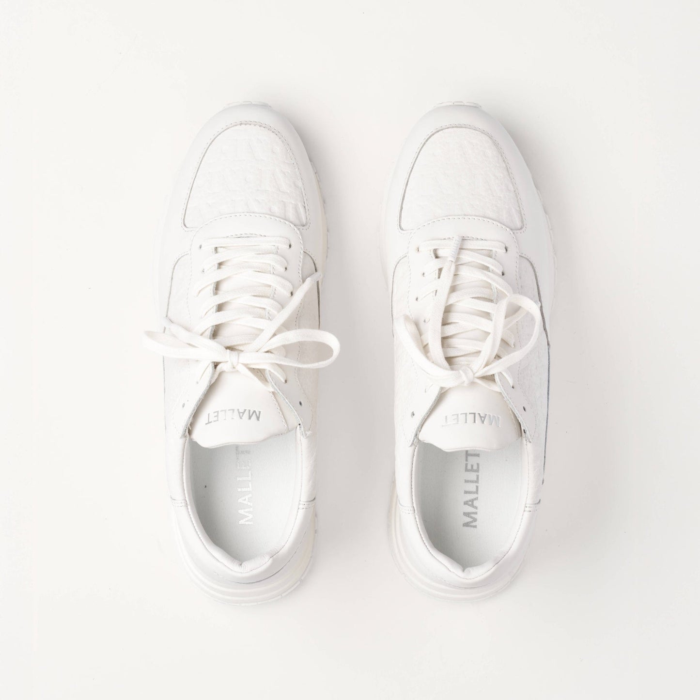 MALLET Popham Men's White Tumbled Leather Monogram Trainers — UK 05 — Size White — Detail View