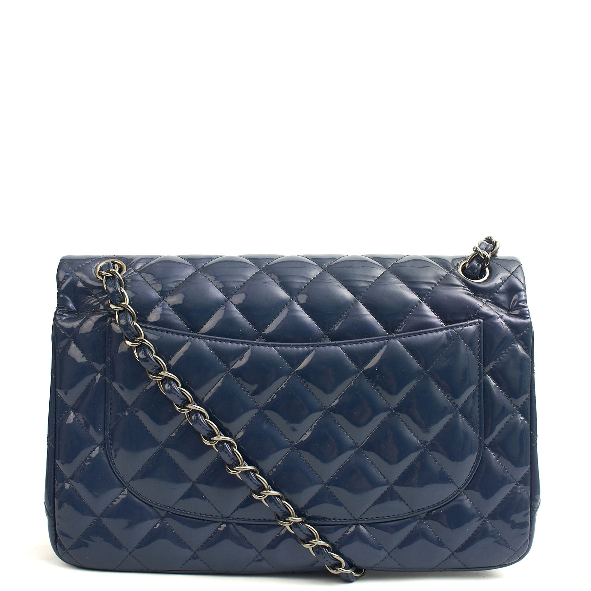 Chanel Shoulder Bag Jumbo - Double Flap in Navy, Patent Leather — Back View