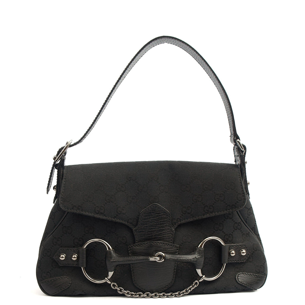 Gucci Shoulder Bag Horsebit Chain Shoulder Bag in Black, GG Canvas — Front View
