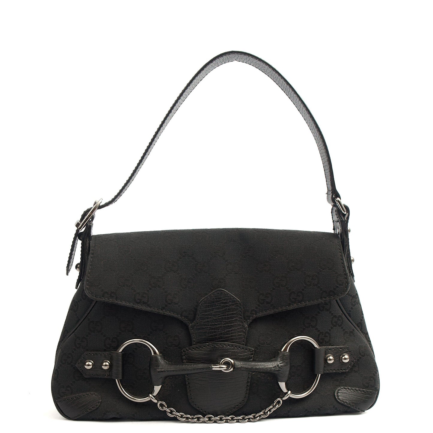 Gucci Shoulder Bag Horsebit Chain Shoulder Bag in Black, GG Canvas — Front View