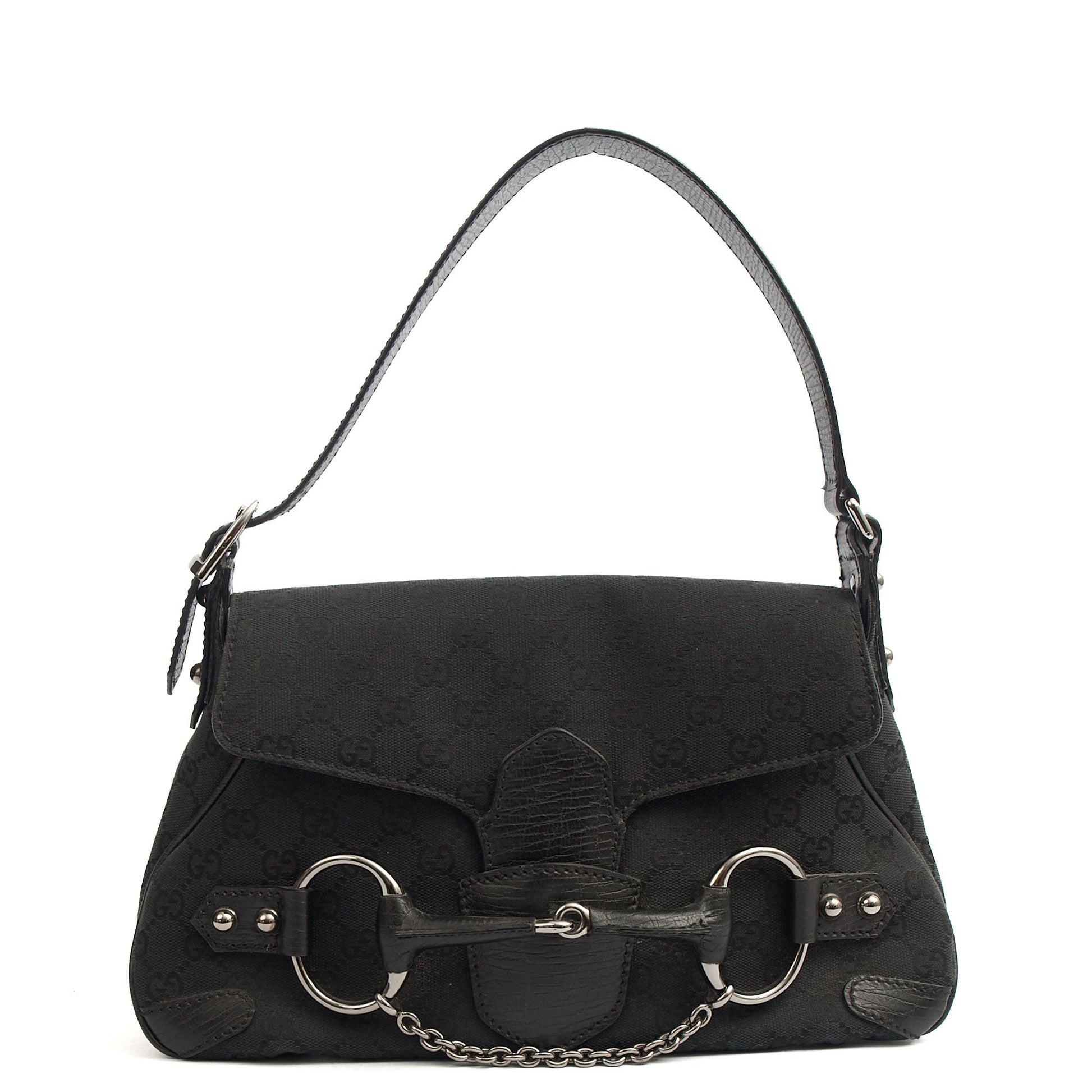 Gucci Shoulder Bag Horsebit Chain Shoulder Bag in Black, GG Canvas — Front View